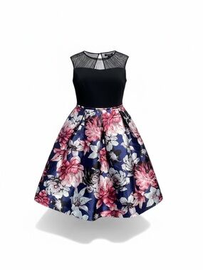 Sleeveless Black Bodice Navy Floral Mini Dress with Sheer Yoke